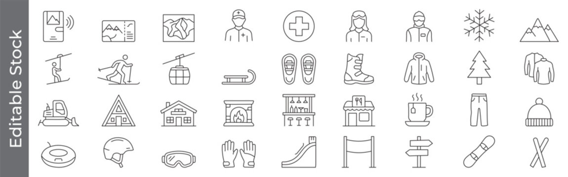 Ski resort, winter sports and vacation icon set &ndash; editable outline symbols of skiing, equipment, snowboarding, cable car, lodge, snowflake, chalet and mountain activities