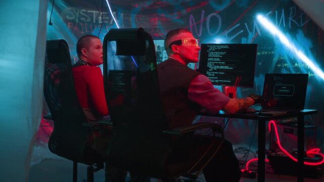 Long shot of of two cyberpunk young hackers reacting to alarm signal while working at computer workstations in dark neon room, stopping coding process, standing up and moving away