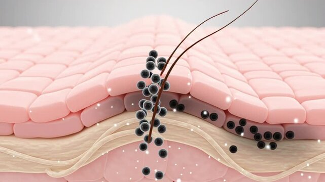 3D Microscopic View of Melanin Production by Melanocyte Cell in Skin Layers