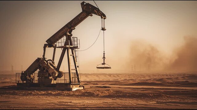 Pumpjack Operates Regularly in Desert Oilfield Showcasing Energy Production in Arid Environment During Daylight Hours
