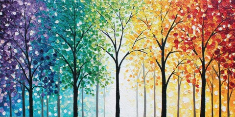 Fototapeta premium An abstract painting of trees transitioning through vibrant seasonal colors, displayed horizontally