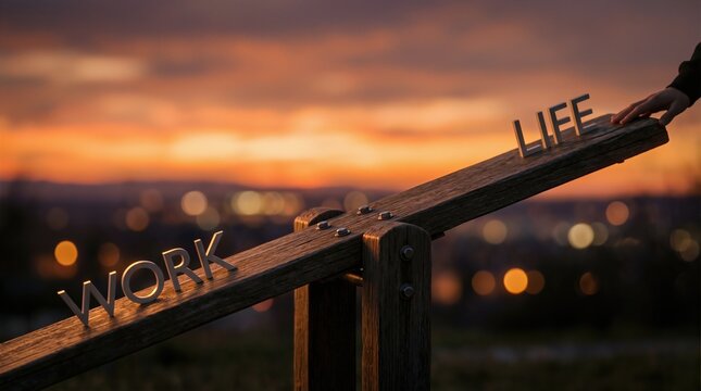 Balancing wooden seesaw with words work and life at sunset, symbolizing the concept of digital detox and slow living, promoting harmony and mindfulness in everyday life