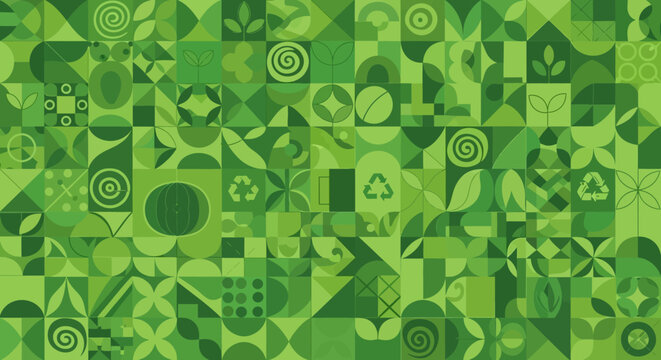 Geometric green mosaic pattern symbolizing environmental awareness and ecological balance