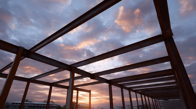 A dramatic sunset illuminates the steel framework of a building under construction showcasing its skeletal structure against a vibrant sky