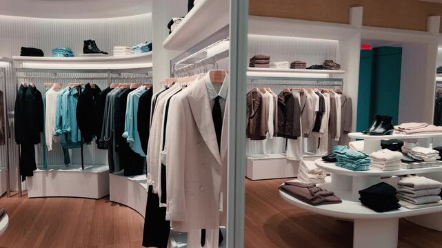Minimalist luxury clothing boutique interior with curated fashion displays soft lighting and neutral tones creating a premium retail atmosphere for shopping lifestyle branding and design.