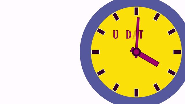 A bright yellow clock with blue trim and red hands displays an UPDATE message that changes as the hands move. This graphic represents a system update process occurring over time