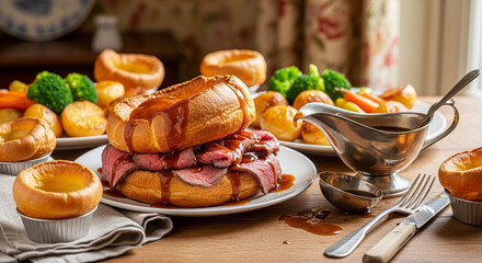 Authentic British Yorkshire pudding served in a traditional Sunday roast setting.