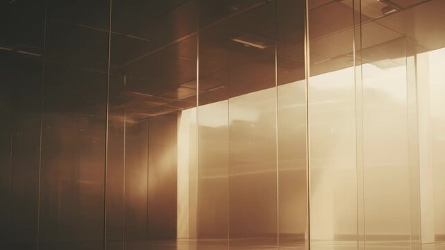 Modern glass panels and warm light create layered reflections and geometric patterns, emphasizing depth, symmetry and contemporary architectural lines in a corporate interior space