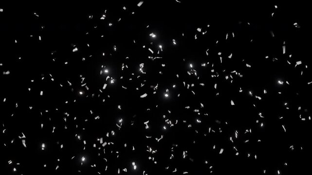 Confetti silver falling overlay on black background, includes green screen and alpha channel. 