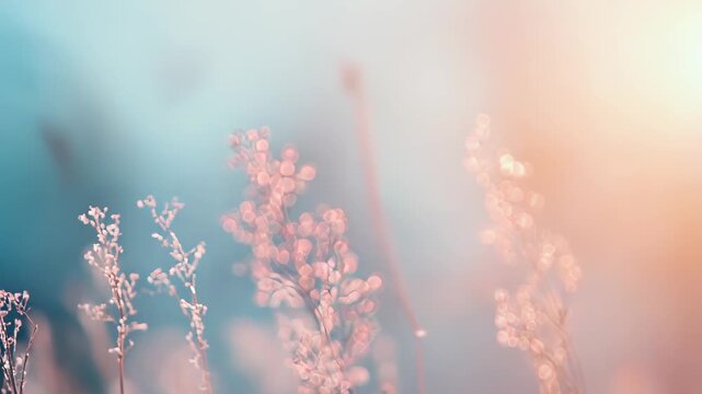 Delicate grass stems gently sway, glowing with warm morning light against a soft pastel background, creating a serene and ethereal natural scene with bokeh elements