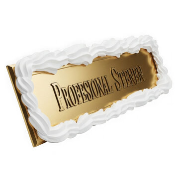 Elegant golden professional stenen plaque framed by delicate white whipped cream swirls