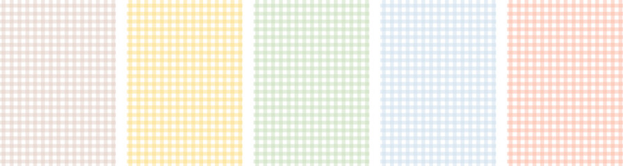 Hand drawn pastel gingham background set in soft springtime colors. Whimsical picnic check pattern with naive handmade feel for Easter, spring branding and cozy seasonal design. Vector illustration.