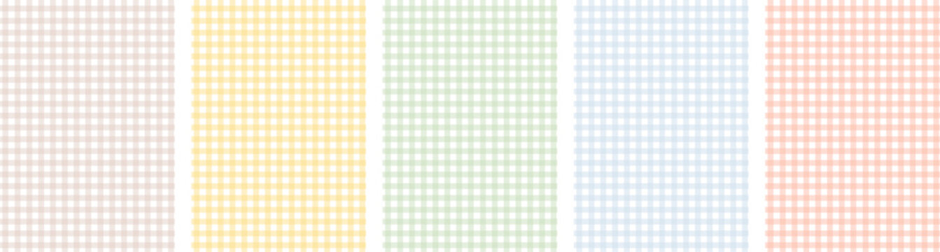 Hand drawn pastel gingham background set in soft springtime colors. Whimsical picnic check pattern with naive handmade feel for Easter, spring branding and cozy seasonal design. Vector illustration.