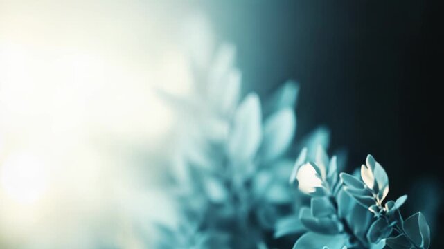 Fresh green leaves growing gracefully against a soft, sun kissed teal background, creating a serene and ethereal nature backdrop symbolizing renewal and organic beauty