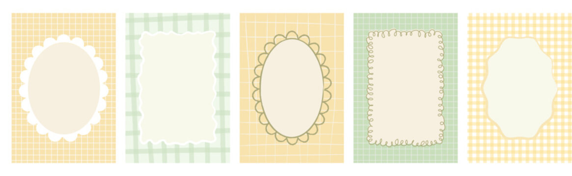 Retro, vintage hand drawn abstract patterned backgrounds and decorative frames. French Italian style gingham patterns with plaid checks and curves. Pastel color abstract design. Vector illustration.