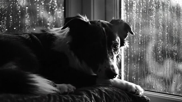 Black and white portrait of a border collie dog gazing out a window during a rainstorm
