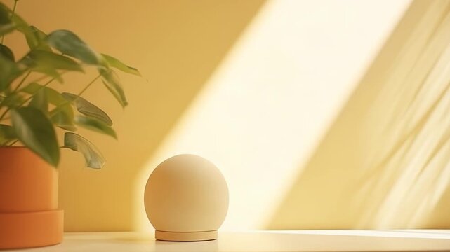 White spherical device standing on a light shelf, positioned next to a green potted plant, with natural sunlight creating warm shadows on a muted yellow wall