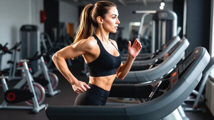Fototapeta premium Young caucasian female running on treadmill in modern gym