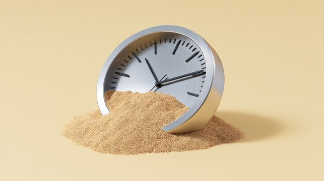 Clock melting slowly into sand without movement, time stillness concept, surreal 3D art, copy space