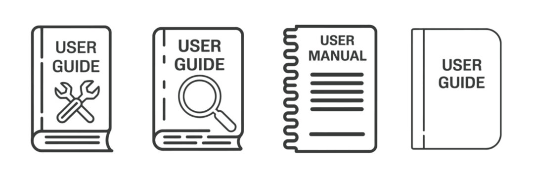 Four simple line art icons depicting user guides and manuals in various styles