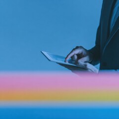 Businessman analyzing financial charts on a digital tablet at an office desk for investment strategy and profit growth planning with copy space for text