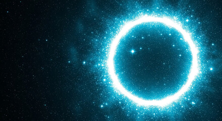 Cosmic ring. circle blue light star particle in space background A bright white circle surrounded by a halo of light and numerous stars against a dark blue background, creating a celestial atmosphere 