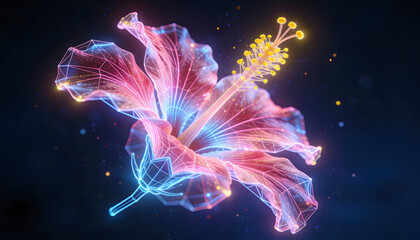 Obraz premium Luminous Hibiscus: A Digital Blossom of Color and Light. A Captivating Botanical Illustration Bursting with Neon Hues, Ideal for Modern Design and Vibrant Themes