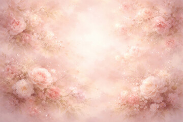 Fototapeta premium Airy dreamy floral background with soft pink flowers and glowing particles, gentle romantic mood and copy space.