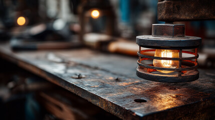 Obraz premium Vintage Industrial Lamp with Glowing Bulb on Wooden Workbench