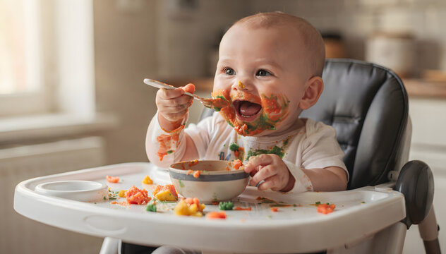Joyful Baby Exploring Food and Self-Feeding in High Chair, Embracing Mess and Discovering Tastes with Glee During Mealtime in Bright, Cozy Home Setting