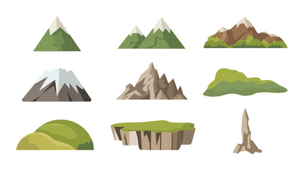 Cartoon illustration of various mountain and landform shapes on a white background
