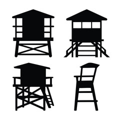 Lifeguard towers and chair silhouette collection for beach safety and summer vacation design