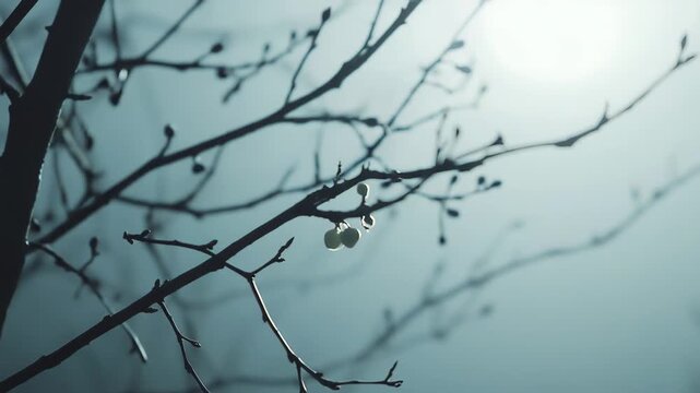 Bare tree branches stretch against a soft, misty background, highlighting delicate berries and the quiet beauty of winter's natural dormancy and ethereal light