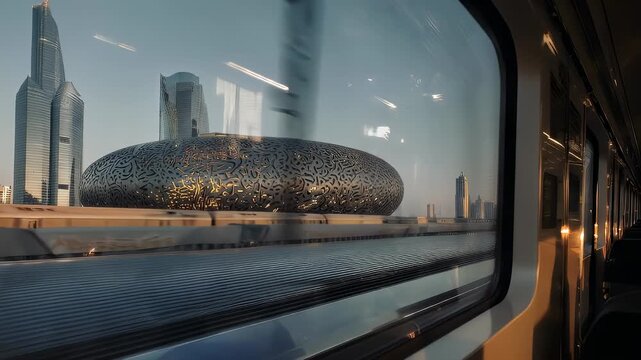 A train view of modern city skyscrapers and unique architecture