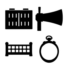 Collection of essential sports equipment silhouettes including a scoreboard, megaphone, net, and stopwatch