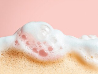 Fototapeta premium White Soap Foam and Bubbles on Pink Background for Skincare Product Branding, Clean Shampoo Suds for Beauty and Body Care Advertising with Copy Space