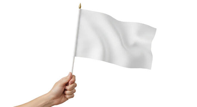 Hand holding a small waving white blank flag for mockup. Isolated on transparent background, png