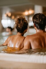 Young couple relaxing in a luxury spa pool inside a modern wellness center, rear view of man and woman enjoying a thermal bath for travel and hospitality advertising