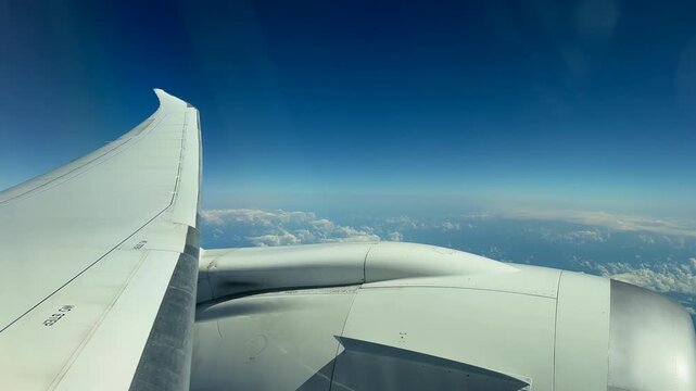 View of the vibrating wingtip from the window of a Boeing 787-9.