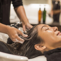 Naklejka premium Spa worker applying hair treatment at salon wash station