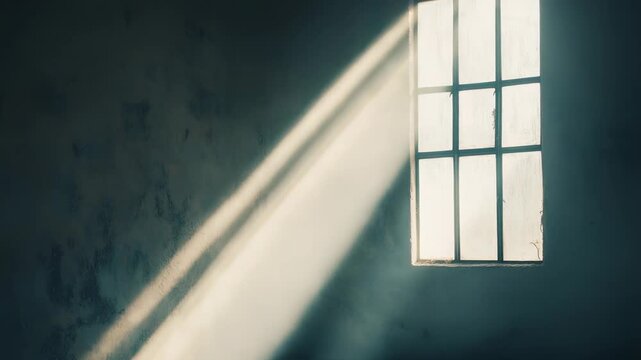 Strong sunbeam shining through an old window into a dark, dusty, and empty concrete room, representing concepts of hope, freedom, light, and isolation