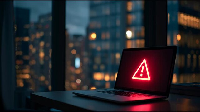 Warning Message on Glowing Laptop Screen at Desk During Night in City With Lights