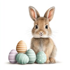 Obraz premium Cute bunny with decorated easter eggs on white background