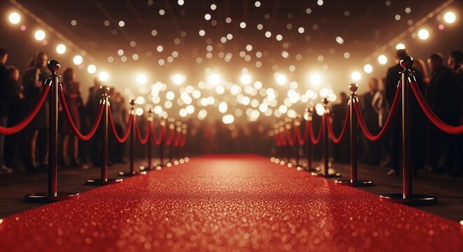 A glamorous red carpet event with elegant red ropes and black stanchions lining both sides. Golden lights create a magical bokeh effect overhead, casting warm glows across the luxurious scene.