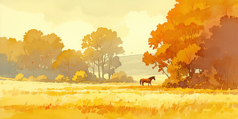 A watercolor illustration of an autumn landscape with a lone horse in a golden field. Rural countryside scenery with orange trees during the fall season.