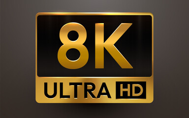 Golden 8K Ultra HD technology icon, representing high resolution and superior quality.