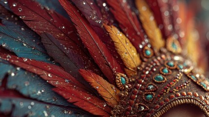Fototapeta premium Macro Close-Up of Samba Headdress With Layered Feathers in Bright Colors and Detailed Beadwork During Samba Festival Preparation