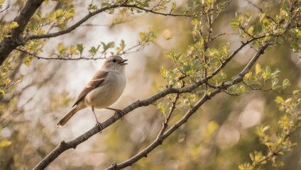 A small bird perched on a tree branch singing in the spring.