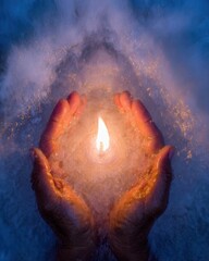 Human hands cupping a burning candle flame in a heart shape for religious prayer and meditation with a mystical glowing background for spiritual branding and worship