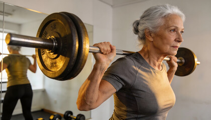 Obraz premium Active Senior Woman Lifts Heavy Barbell in Gym for Strength Training to Maintain Healthy Lifestyle & Independence and Promote Longevity and Mobility in Later Years